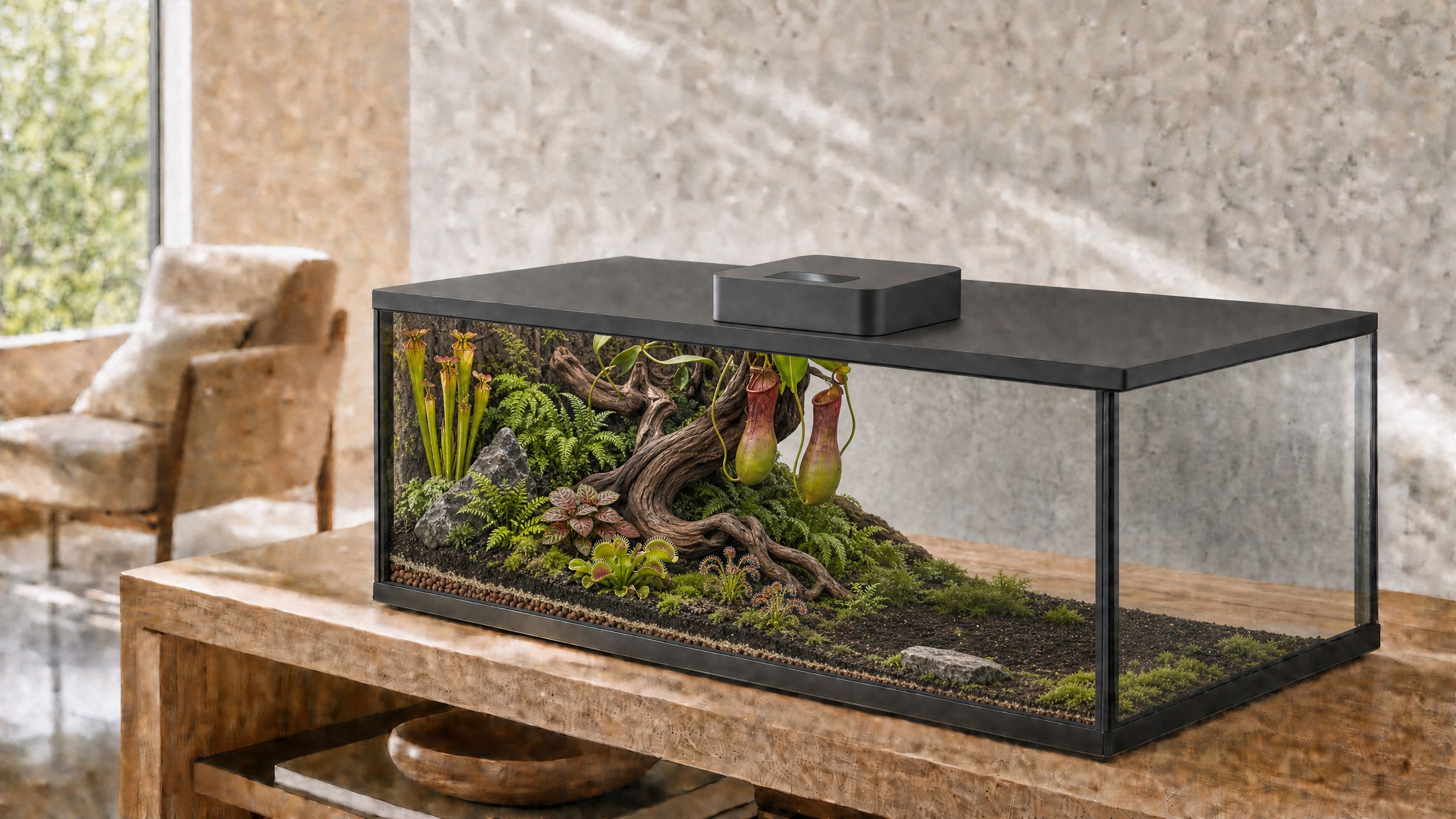 The verdIQore terrarium on a pale oak console, flat black lid, slim dark frame, glass on all sides.