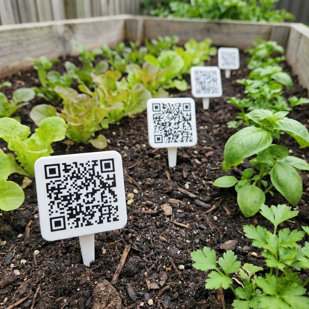 A raised timber garden bed planted with rows of young leafy vegetables and herbs, with several white plant tags pushed into the dark soil, one beside each row.
